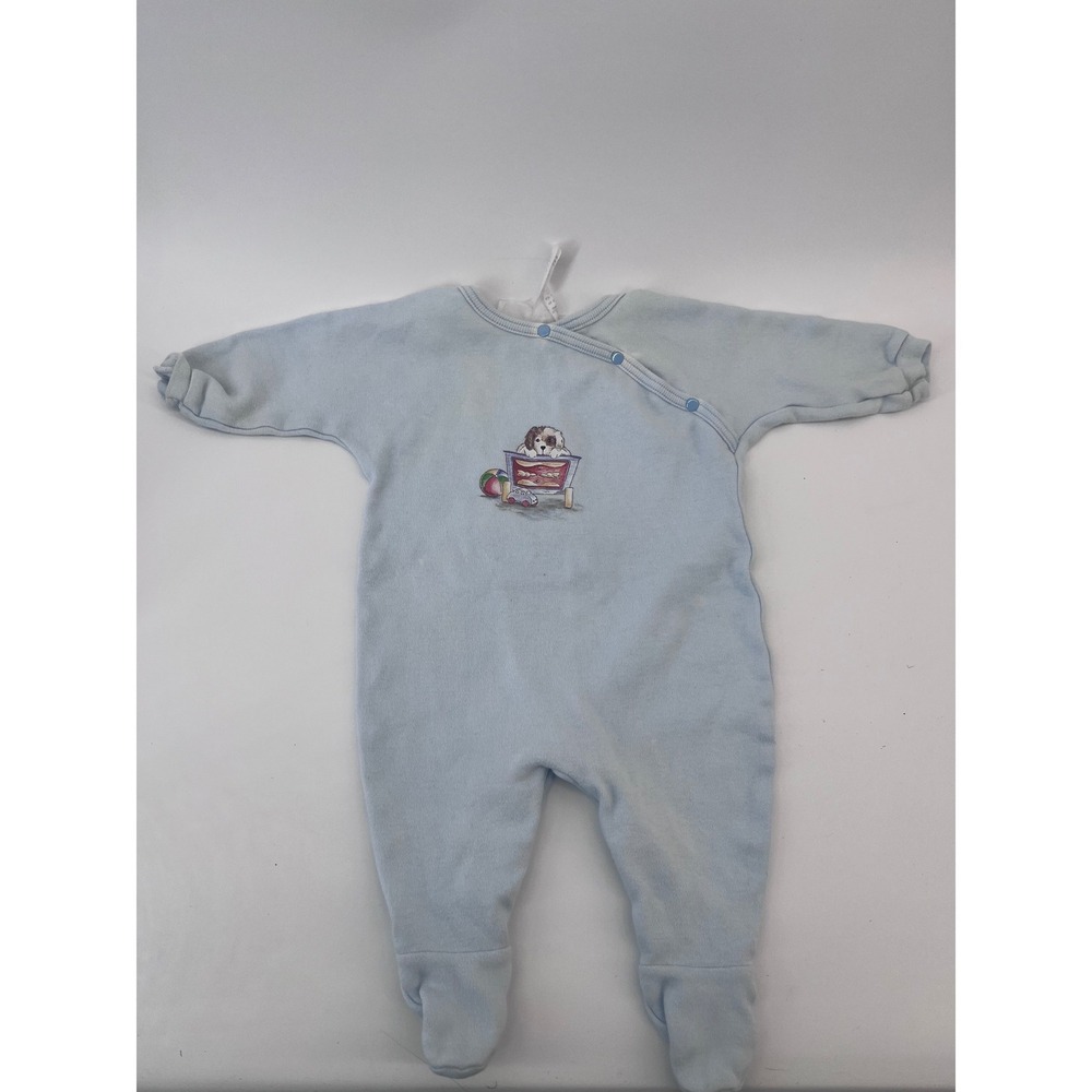 Vintage Carters Baby Blue Footed Sleeper Puppy Dog Wagon Embroidered Size 0-3M
